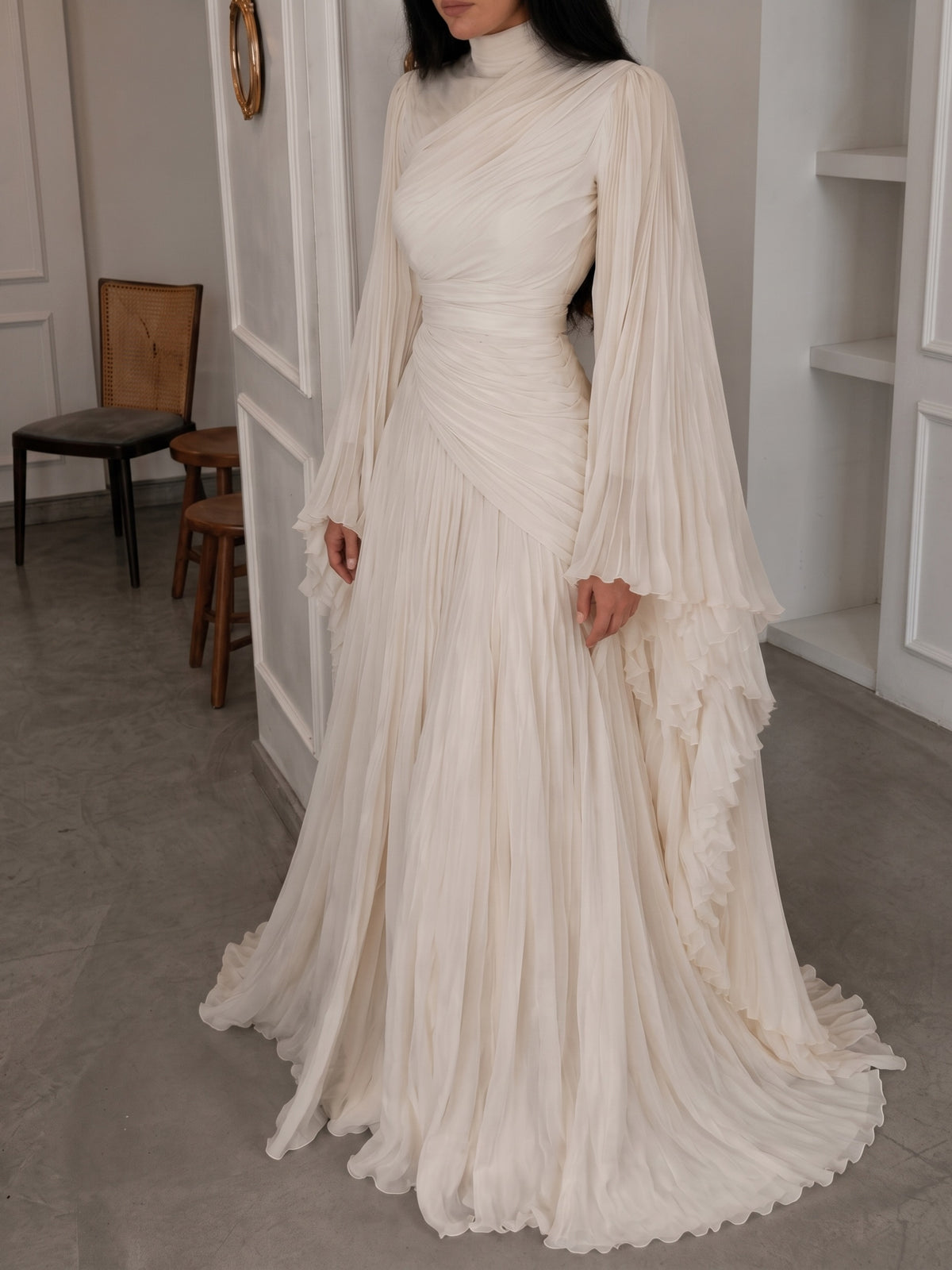 High Neck Ruched Pleated Balloon Sleeve Maxi Dress