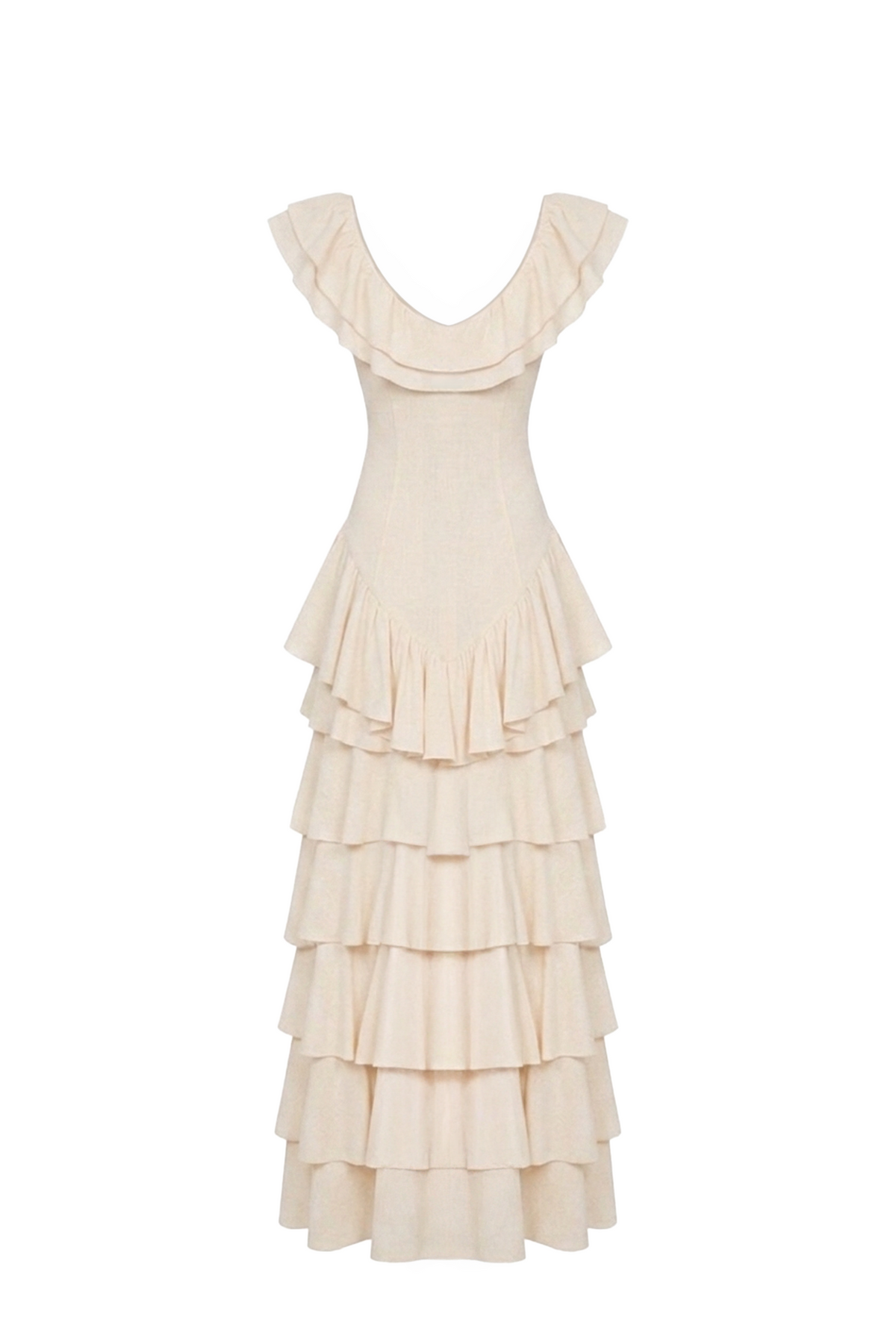 Cream Layered Ruffle A-Line Midi Dress