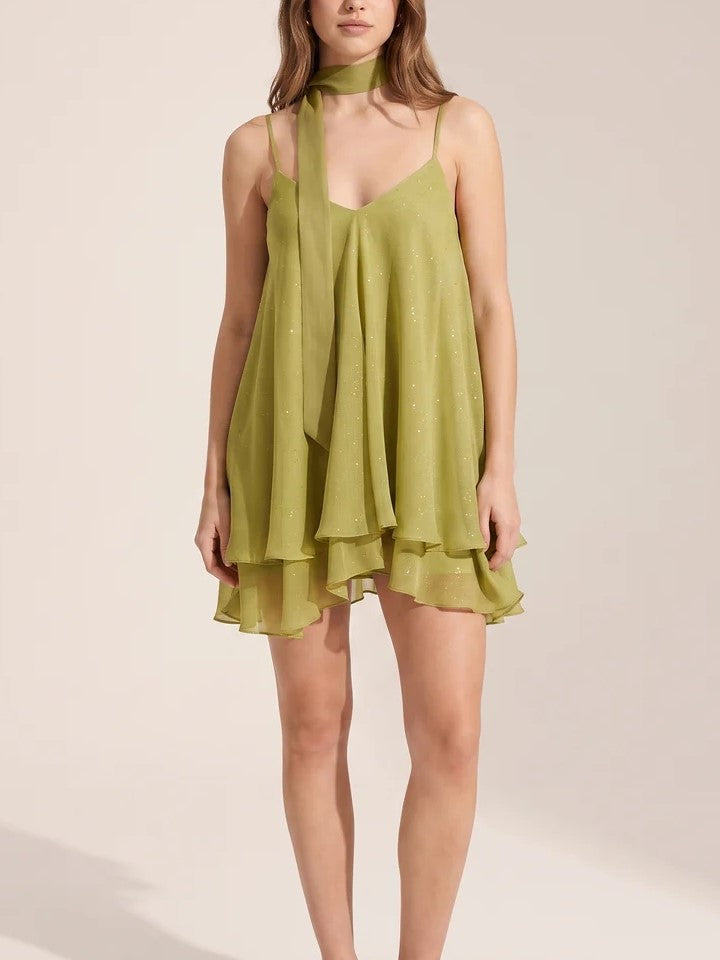 Green Chiffon Ruffle Mini Dress