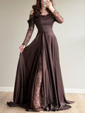 Brown Satin Lace Overlay Maxi Dress