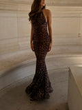 Brown Leopard Halter Mermaid Maxi Dress