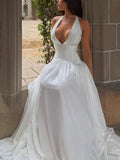 White Halter Corset Pleated Maxi Dress