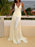 Cream Satin V-Neck Ruched Maxi Dress