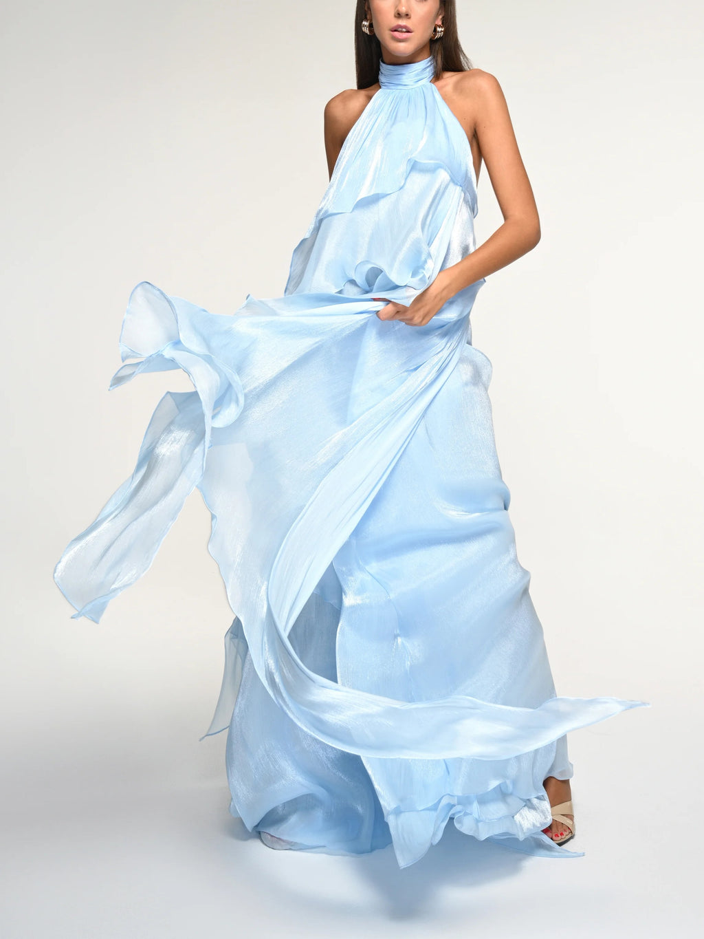 LightBlue Ruffled Halter Maxi Dress