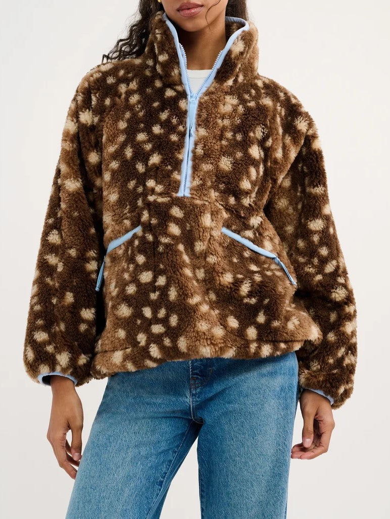 Brown Leopard Print Faux Fur Zip Jacket