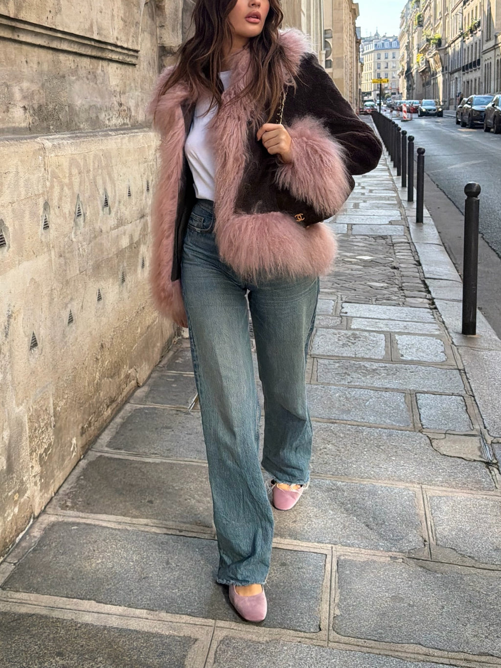 Pink Faux Fur Trim Open Front Jacket