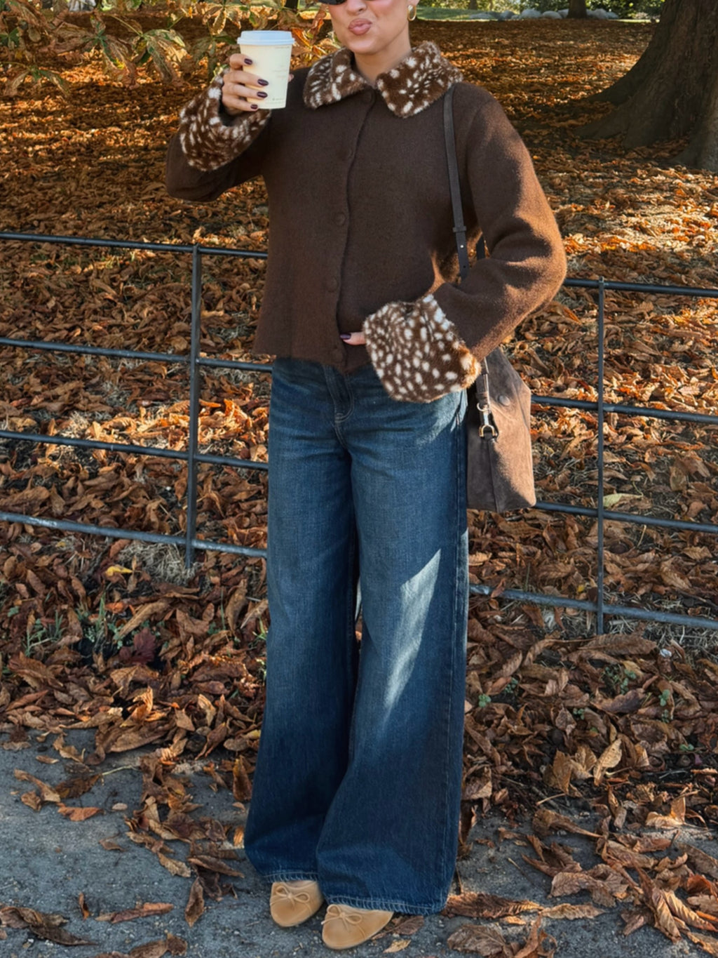 Brown Faux Fur Trim Open Front Jacket