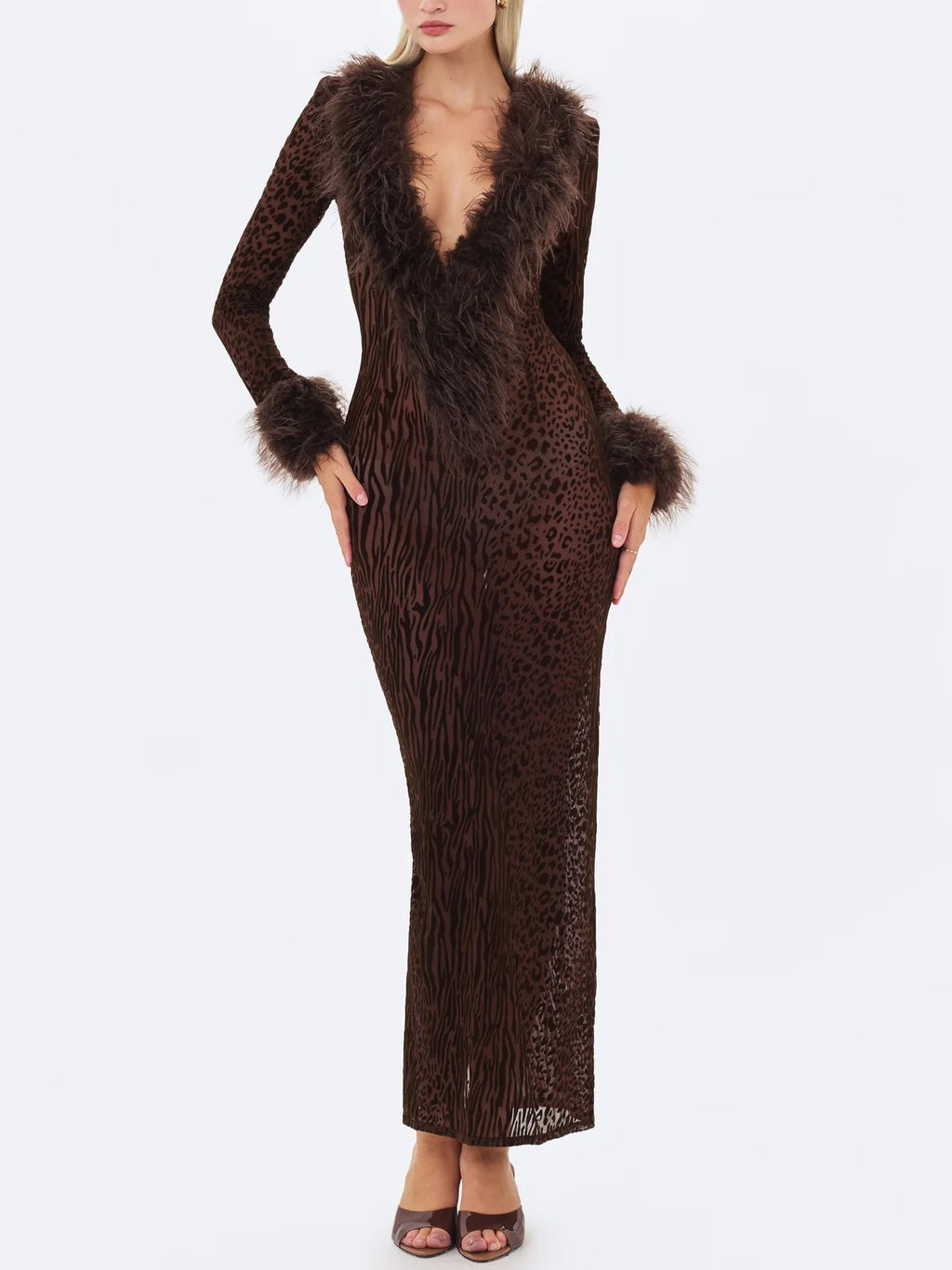 Brown Leopard Print Faux Fur Trim Maxi Dress