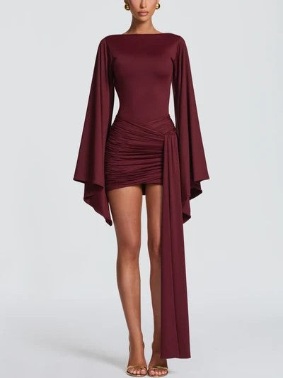 Burgundy Satin Cape Sleeve Mini Dress