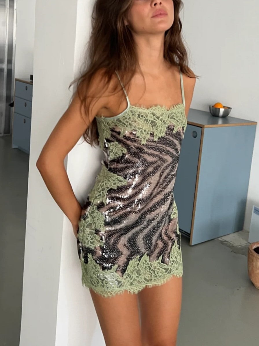 SageGreen Sequin Lace Trim Spaghetti Strap Mini Dress