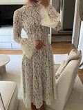 White Sheer Lace Long Sleeve Midi Dress