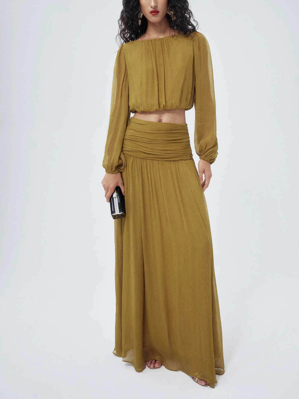 Olive Sheer Two Piece Crop Top and Maxi Skirt Set