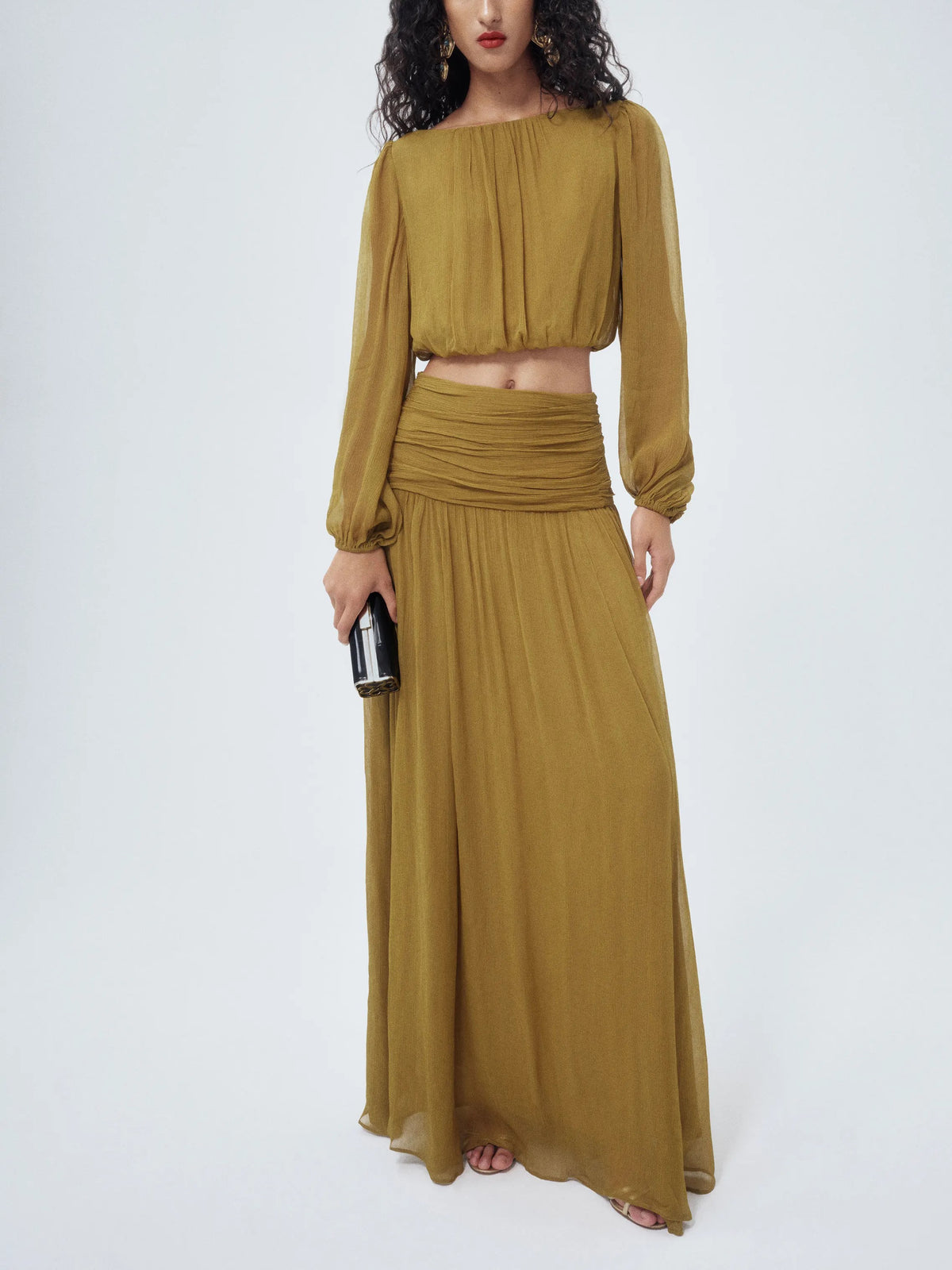 Olive Sheer Two Piece Crop Top and Maxi Skirt Set