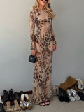Brown Leopard Print Sheer Long Sleeve Maxi Dress