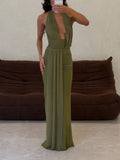 Olive Plunging Halter Open Back Maxi Dress
