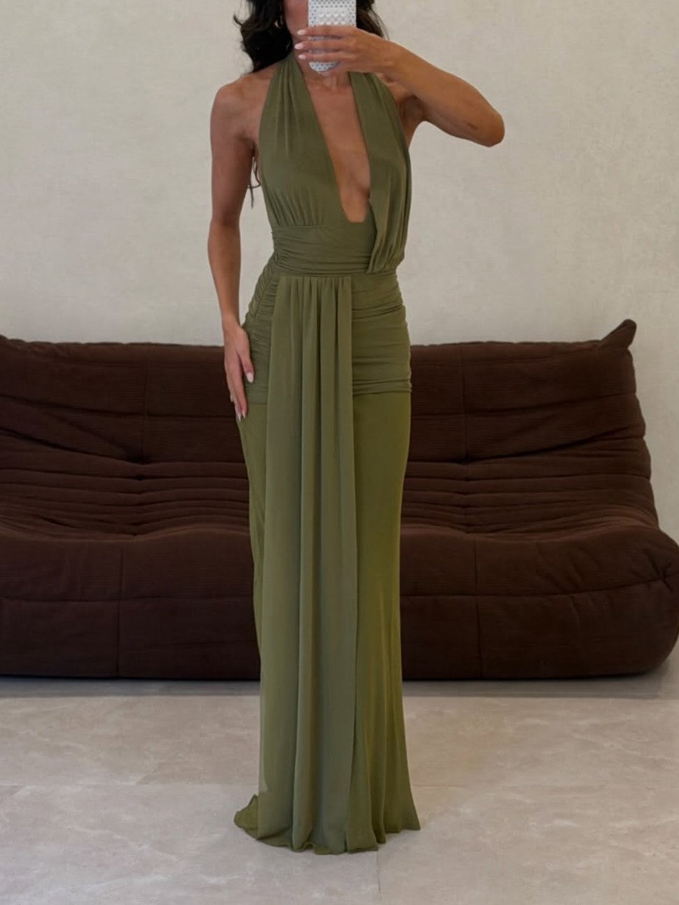 Olive Plunging Halter Open Back Maxi Dress