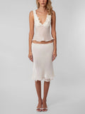 Cream Satin Ruffle V Neck Two Piece Midi Skirt Set