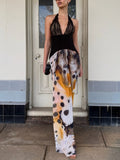 Black Lace Halter Watercolor Print Maxi Dress