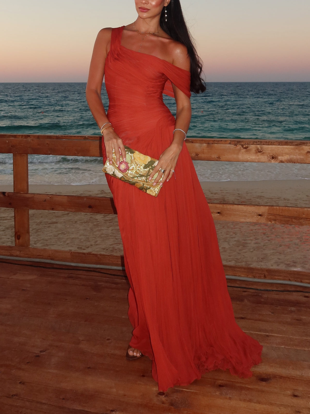 Red Chiffon One Shoulder Draped Maxi Dress
