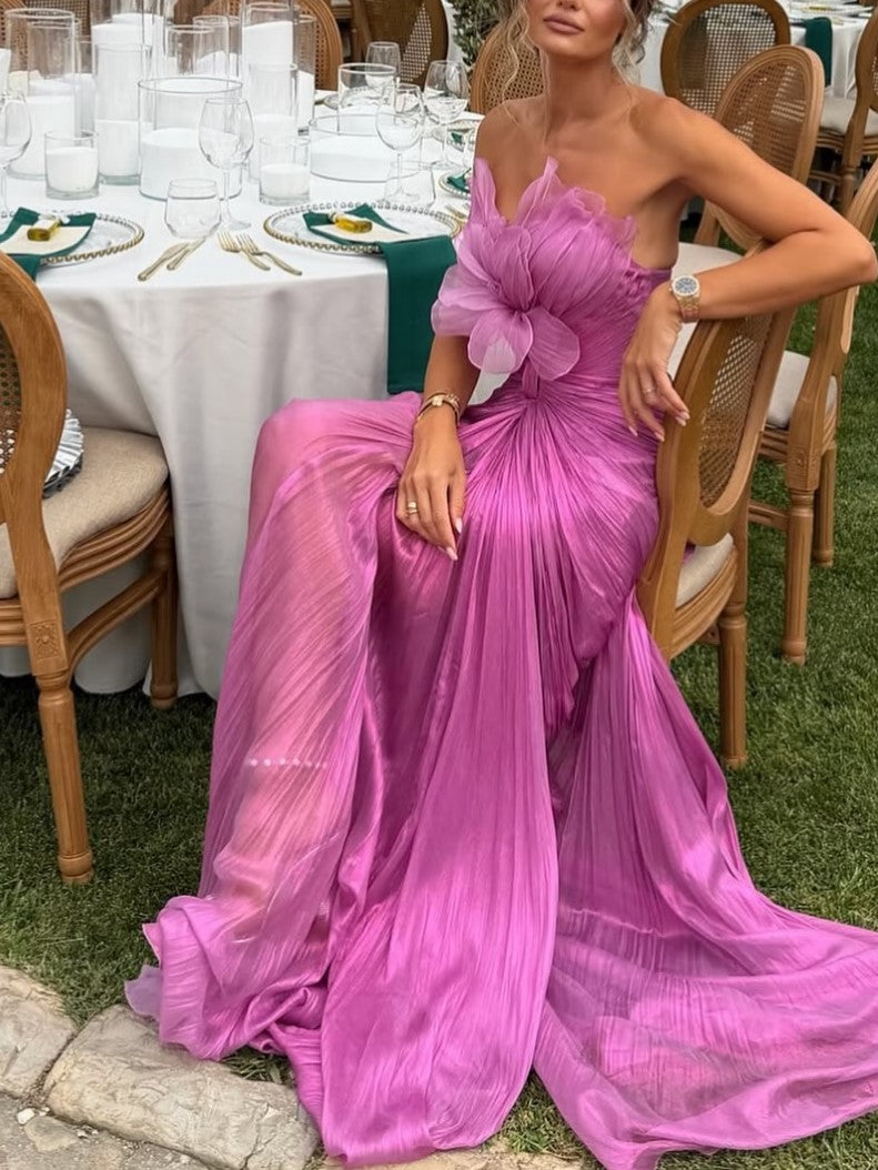 Pink Chiffon Strapless Ruffle Flower Maxi Dress