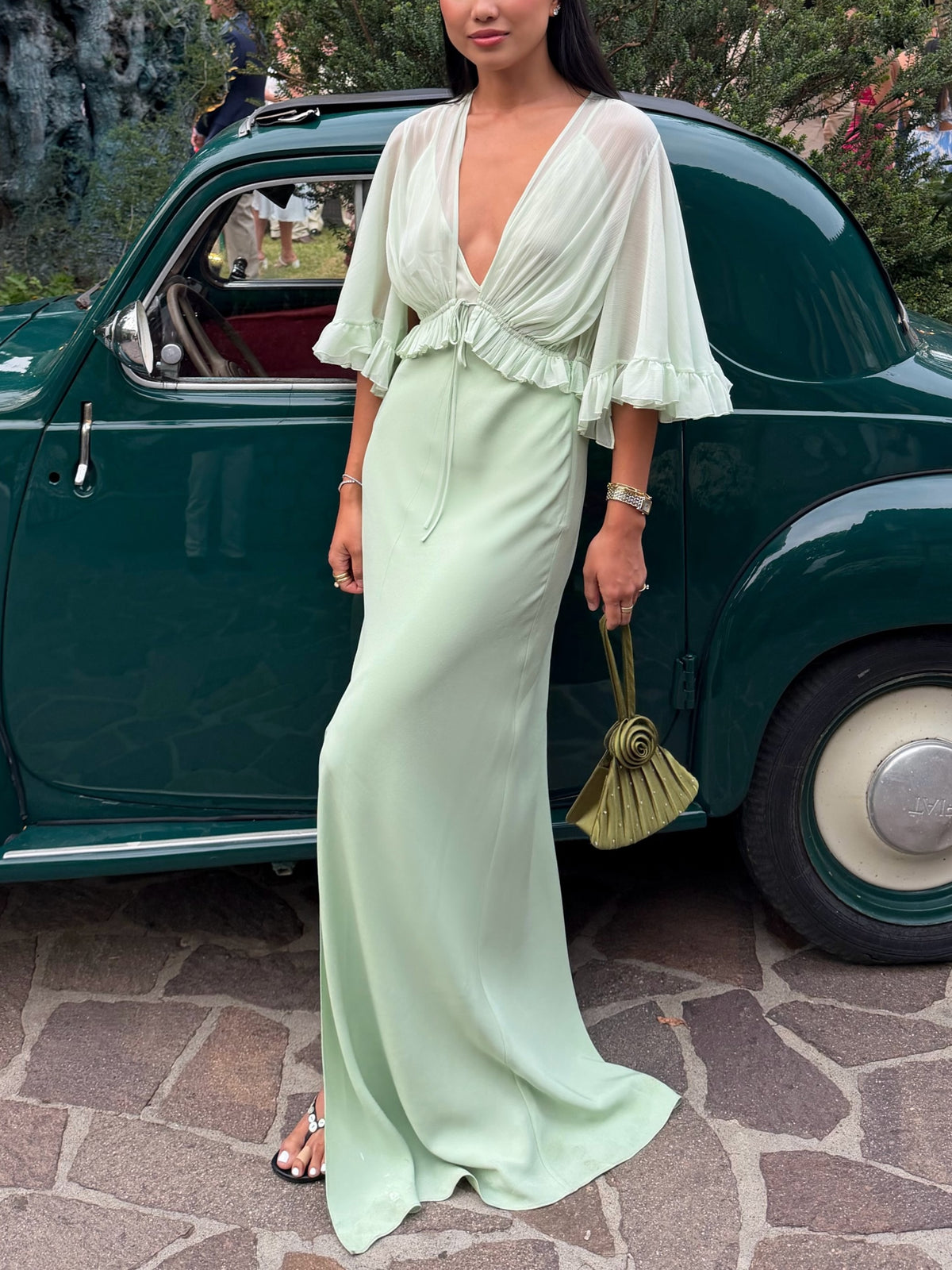 LightGreen Chiffon V Neck Ruffle Maxi Dress
