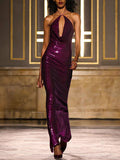 Purple Sequin Halter Cutout Maxi Dress