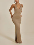 Taupe Halter Open Back Maxi Dress