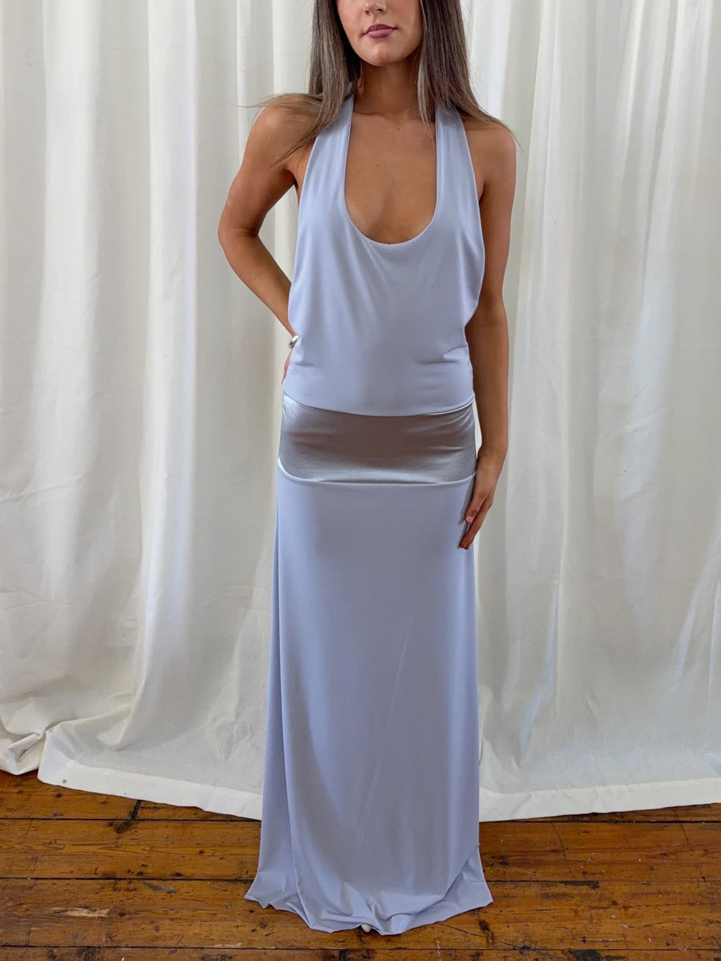 LightBlue Halter Maxi Dress with Sheer Waist Panel