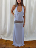 LightBlue Halter Maxi Dress with Sheer Waist Panel