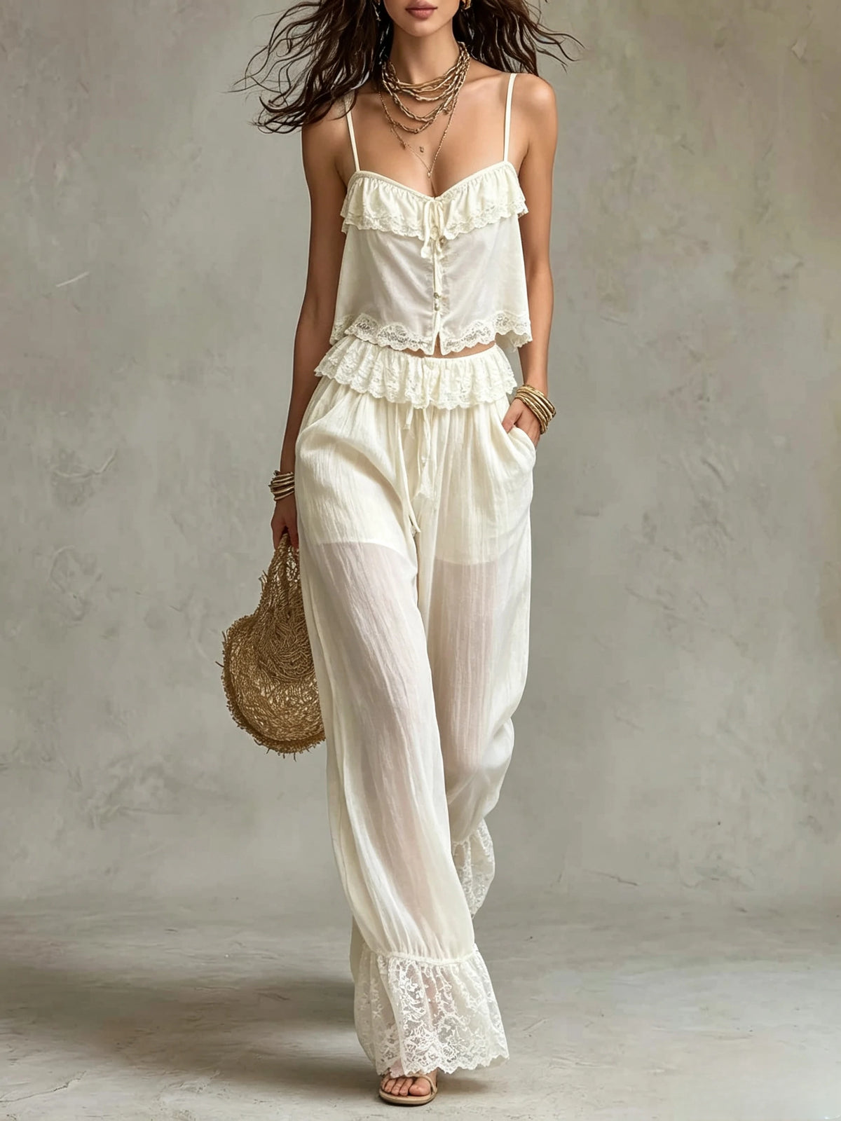 Ruffle Trim Cami Top And Lace Hem Wide Leg Pants Set