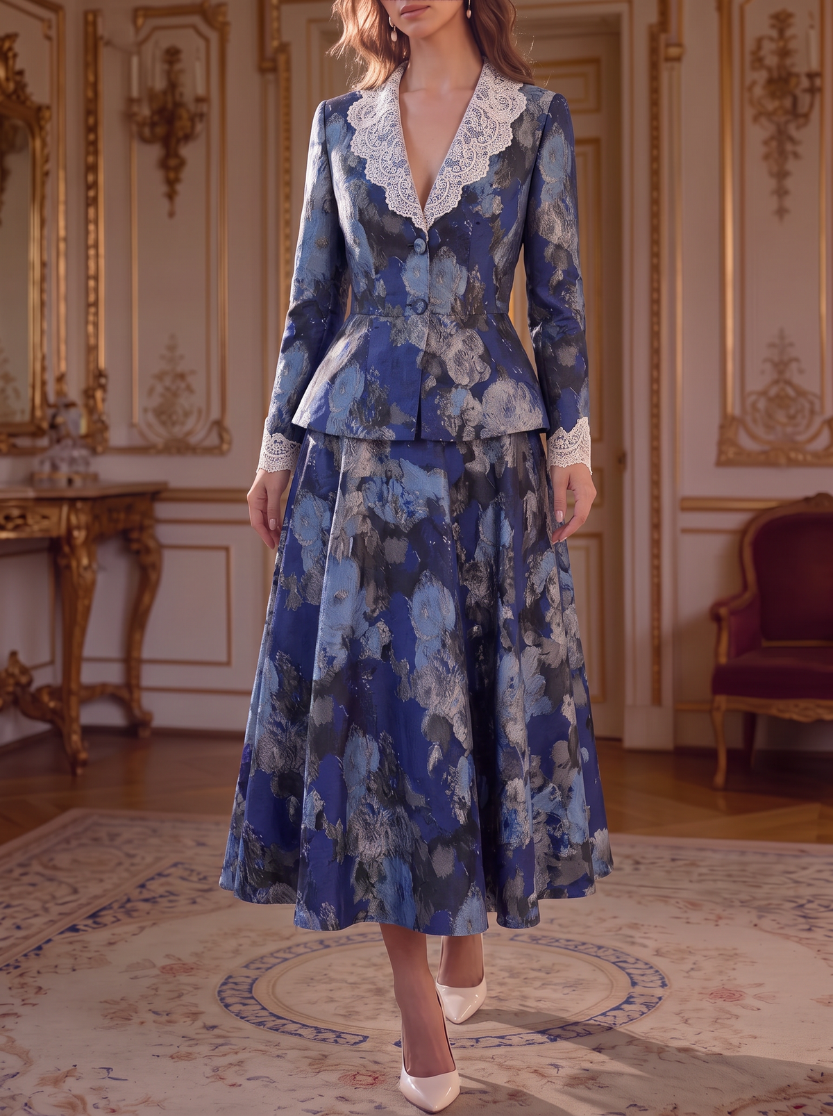 Blue Floral Lace Peplum Suit Set