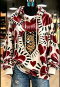 Cream Red Heart Velvet Hoodie