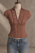 Brown Polka Dot Button Front Blouse