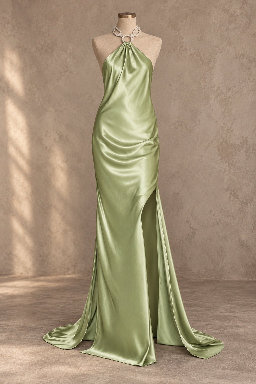 Sage Green Satin Halter High Slit Maxi Dress