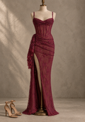 Burgundy Lace Corset High Slit Maxi Dress