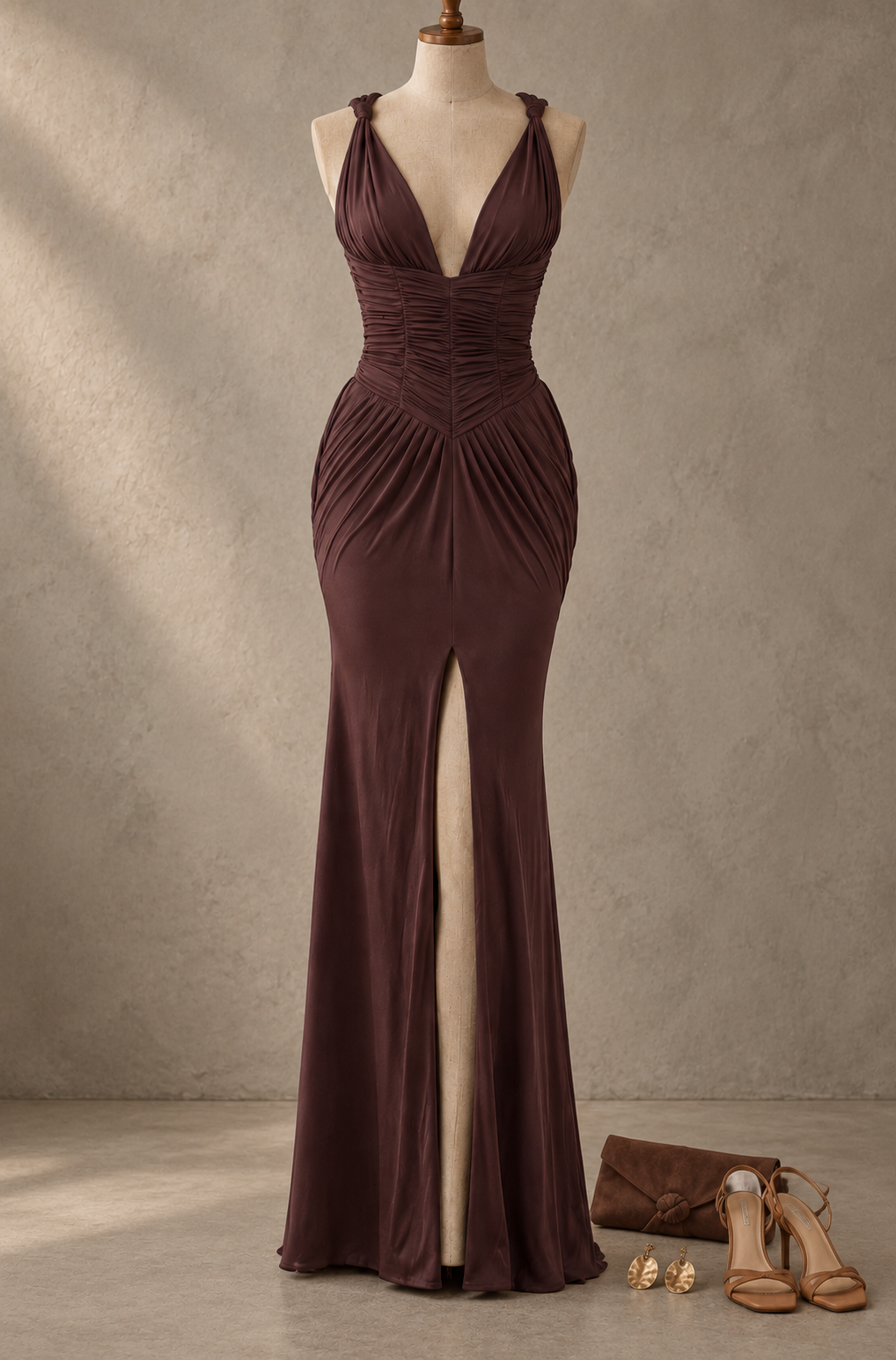 Brown Ruched Halter High Slit Maxi Dress