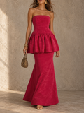 Red Strapless Peplum Mermaid Maxi Dress