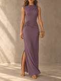 Purple Draped High Slit Maxi Dress