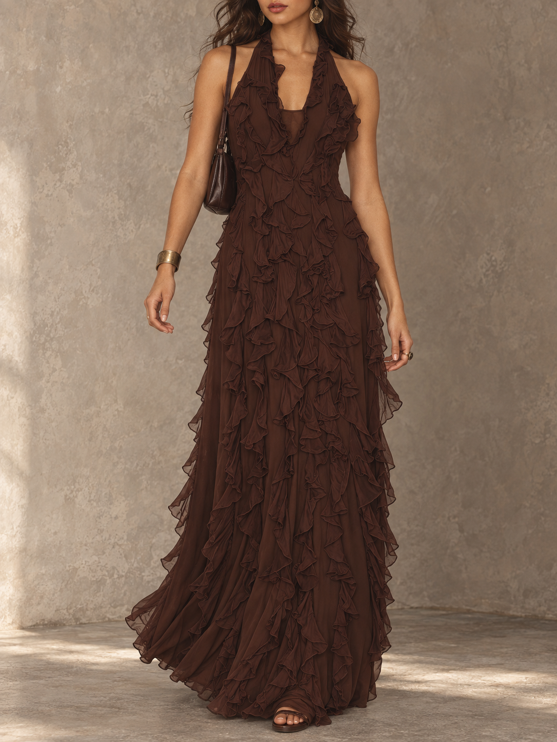 Brown Ruffle Halter Maxi Dress