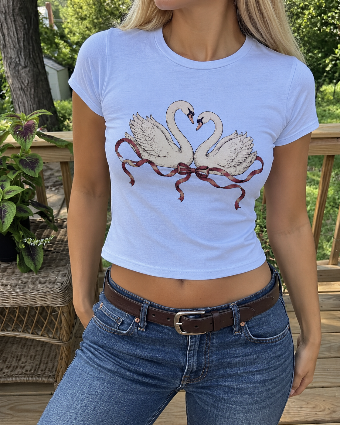 LightBlue Swan Ribbon Graphic Baby Tee
