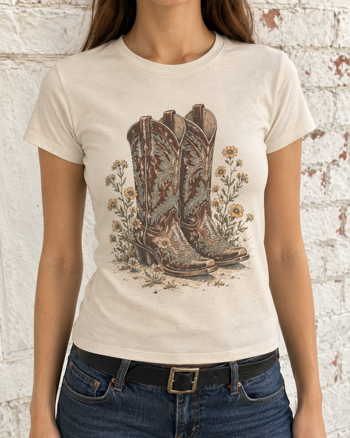 Cream Cowboy Boots Floral Graphic Tee