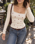 Cream Strawberry Embroidered Long Sleeve Top