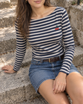 Navy Stripe Cherry Embroidered Long Sleeve Top