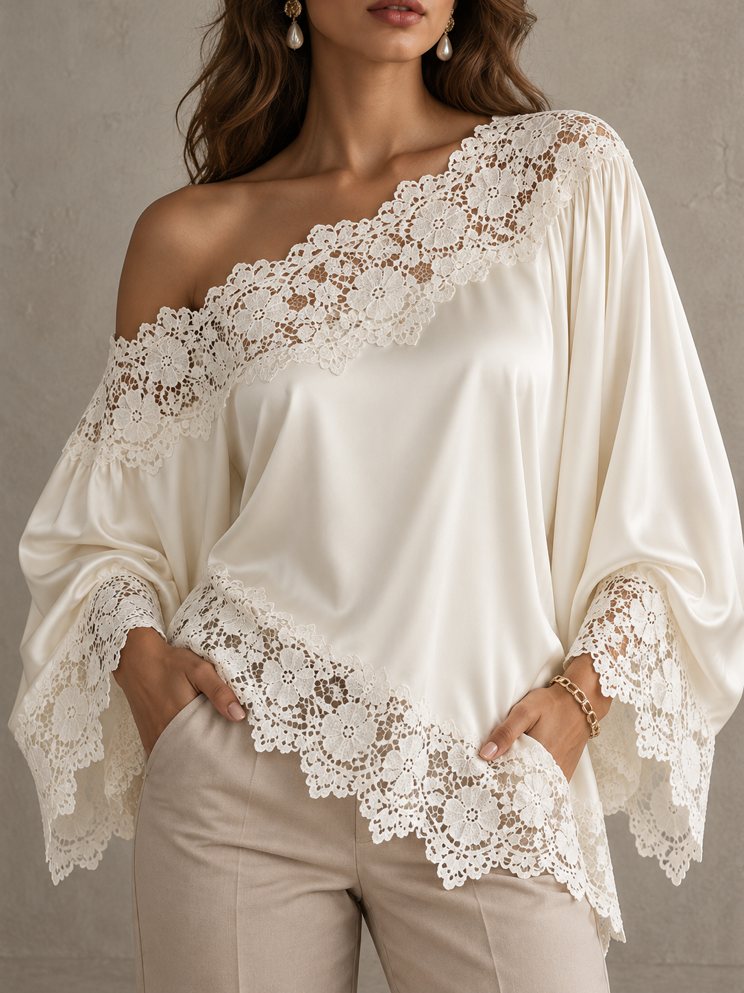 Ivory Satin Lace Trim One Shoulder Blouse