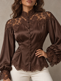DarkBrown Satin Lace Trim Button Front Blouse