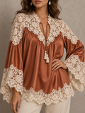 Rust Satin Lace Trim Bell Sleeve Blouse