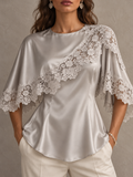 Silver Satin Lace Trim Asymmetric Blouse
