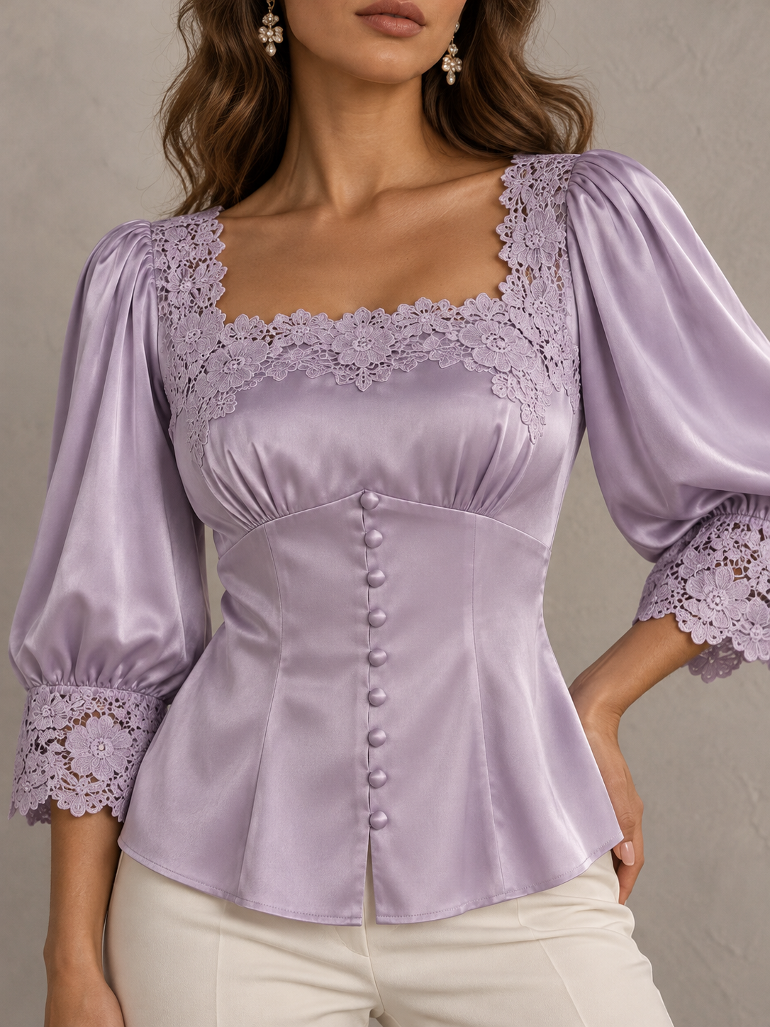 Lilac Satin Lace Trim Puff Sleeve Button Front Blouse