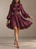 Plum Satin Lace Trim Long Sleeve Fit and Flare Mini Dress