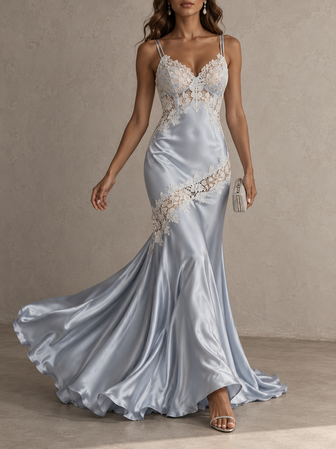 LightBlue Satin Lace Trim Spaghetti Strap Mermaid Maxi Dress